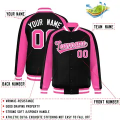 Black Pink Color Block Raglan Varsity Full-Snap Letterman Jacket 2