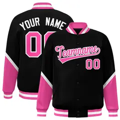 Black Pink Color Block Varsity Letterman Baseball Jacket 1