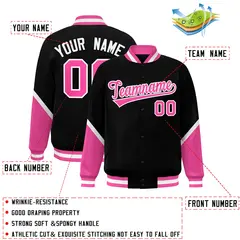 Black Pink Color Block Varsity Letterman Baseball Jacket 2