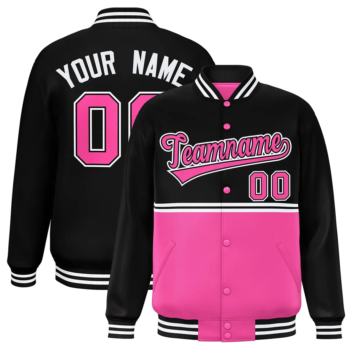 Black Pink Color Block Varsity Letterman Jacket