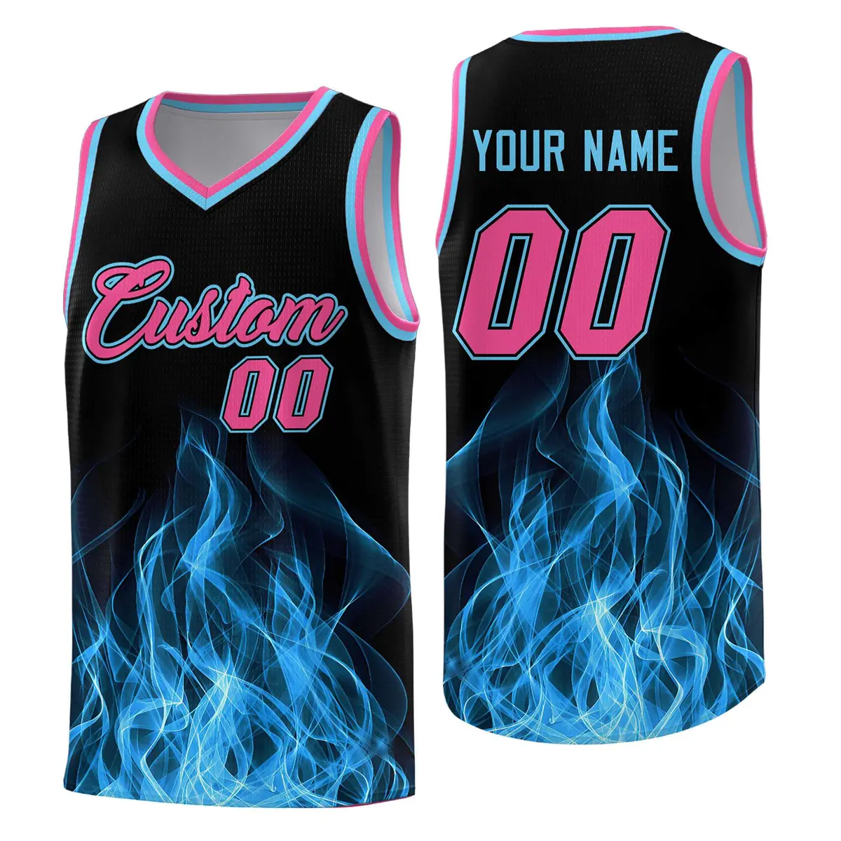 Black Pink Flame Graffiti Printed Basketball Jersey