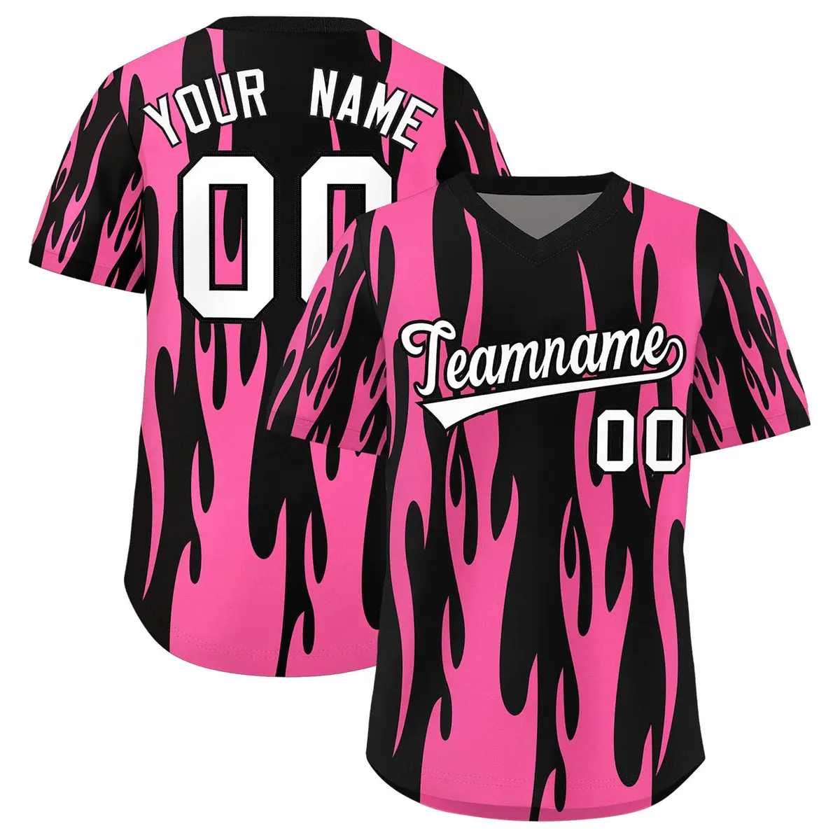 Black Pink Flame Pattern Pullover Baseball Jersey