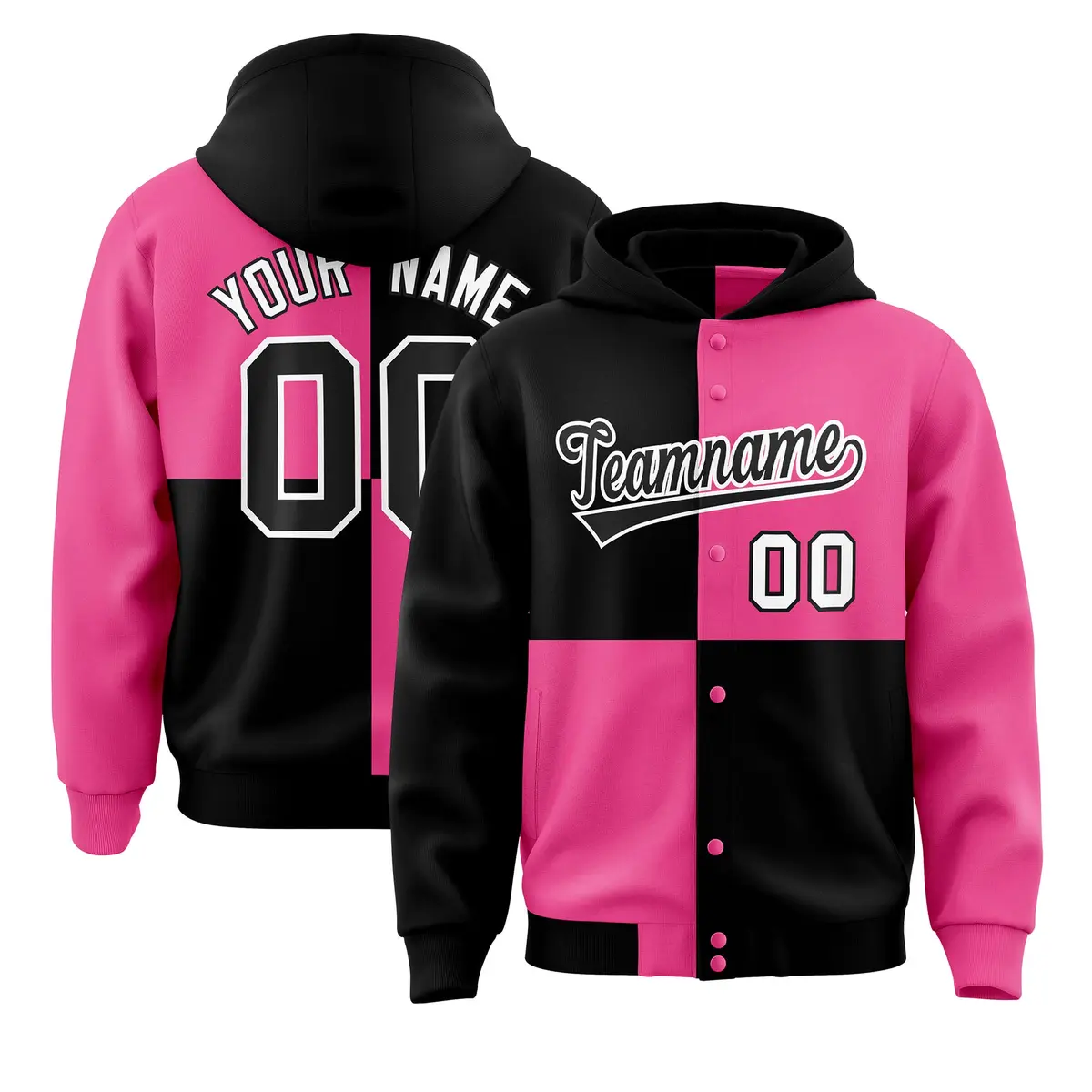 Black Pink Four Squares Color Block Varsity Letterman Jacket Hoodie