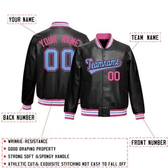 Black Pink Full-Snap Faux Leather Varsity Letterman Jacket 2
