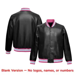 Black Pink Full-Snap Faux Leather Varsity Letterman Jacket 6