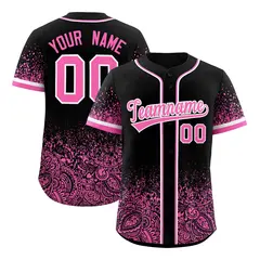 Black Pink Gradient Floral Print Full Button Baseball Jersey