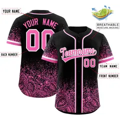 Black Pink Gradient Floral Print Full Button Baseball Jersey 2