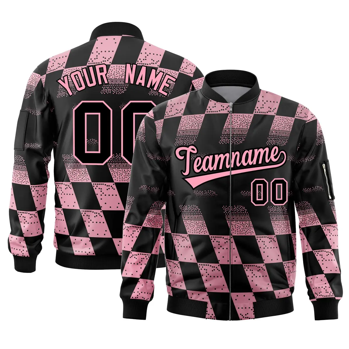 Black Pink Grid Color Block Full-Zip Letterman Bomber Jacket