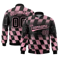 Black Pink Grid Color Block Full-Zip Letterman Bomber Jacket