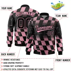 Black Pink Grid Color Block Full-Zip Letterman Bomber Jacket 2