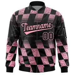 Black Pink Grid Color Block Full-Zip Letterman Bomber Jacket 3