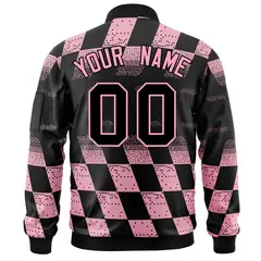 Black Pink Grid Color Block Full-Zip Letterman Bomber Jacket 4
