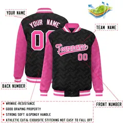 Black Pink L Pattern Raglan Full-Snap Varsity Letterman Jacket 2