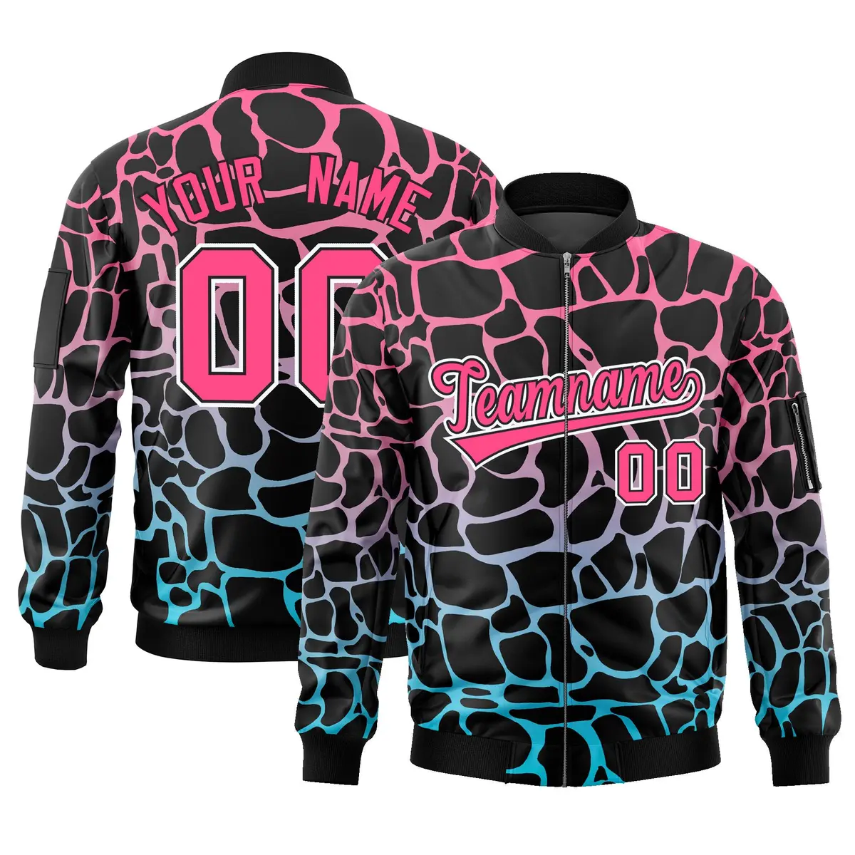 Black Pink-Lt Blue Spotted Varsity Full-Zip Letterman Bomber Jacket