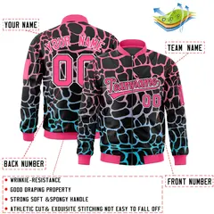 Black Pink-Lt Blue Spotted Varsity Full-Zip Letterman Bomber Jacket 2
