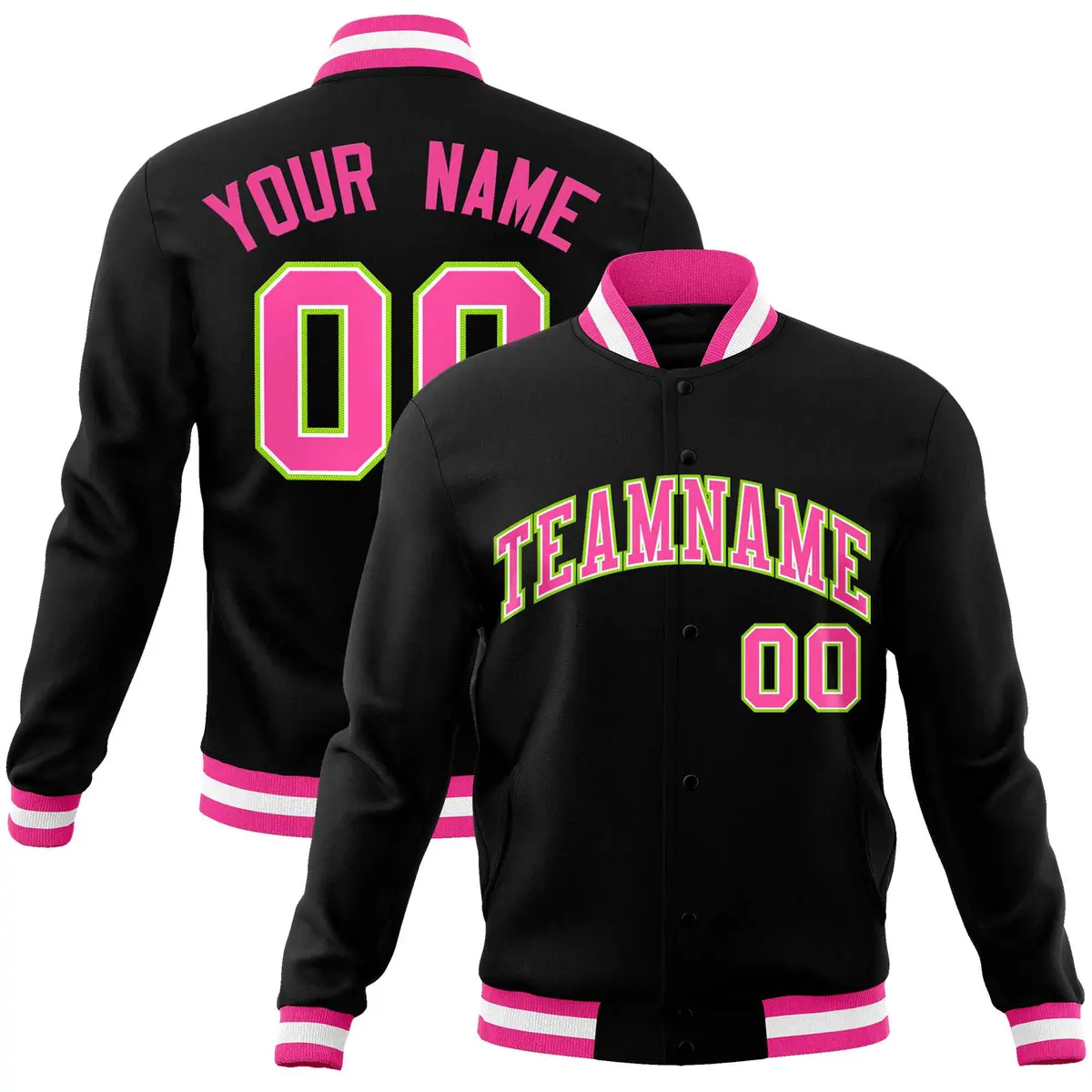 Black Pink-Neon Green Varsity Full-Snap Letterman Jacket
