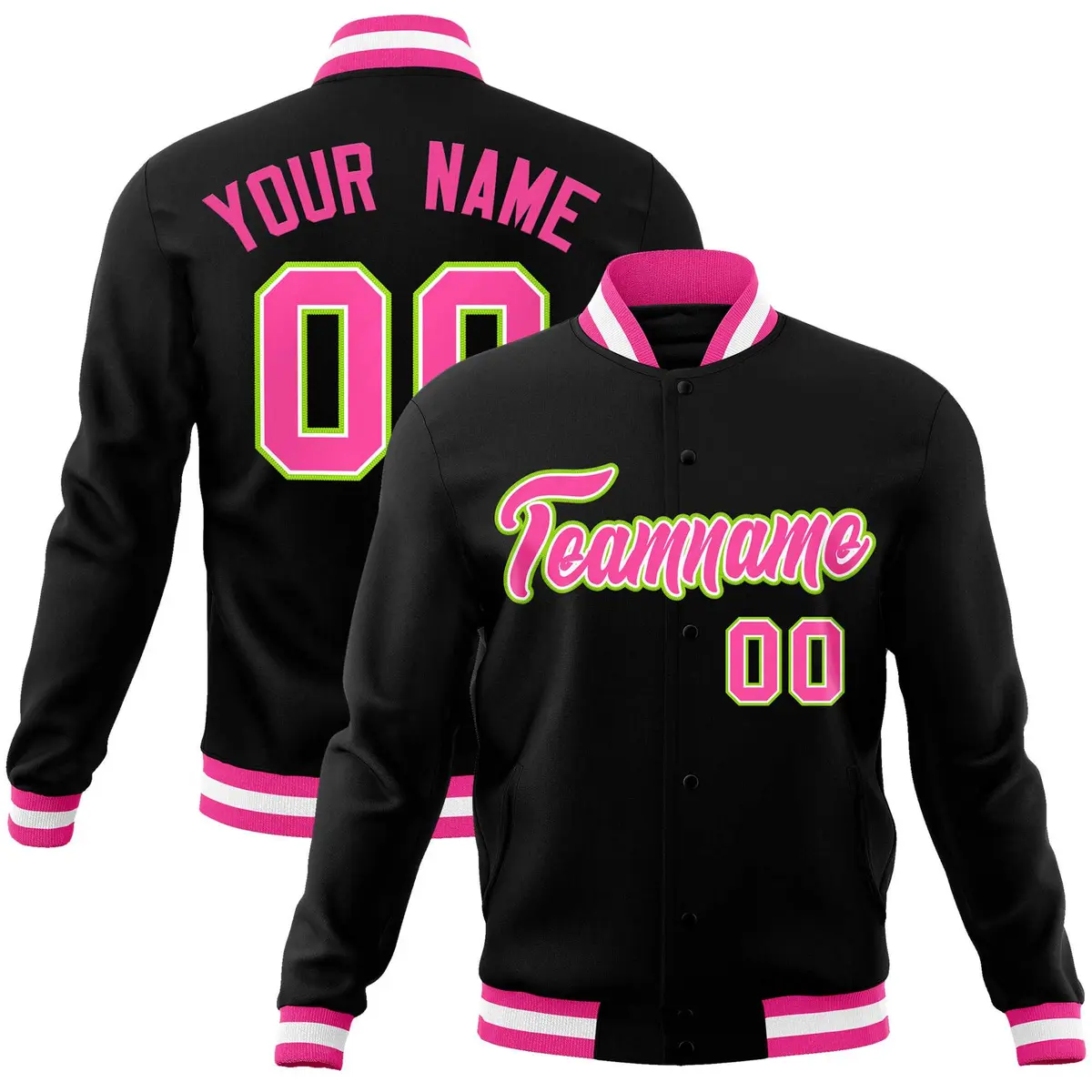 Black Pink-Neon Green Varsity Full-Snap Letterman Jacket
