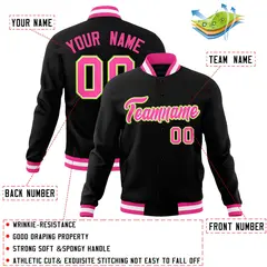 Black Pink-Neon Green Varsity Full-Snap Letterman Jacket 4