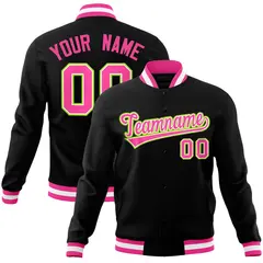 Black Pink-Neon Green Varsity Full-Snap Letterman Jacket