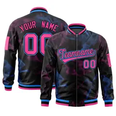 Black Pink-Powder Blue Blur Spray Full-Zip Letterman Bomber Jacket