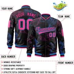 Black Pink-Powder Blue Blur Spray Full-Zip Letterman Bomber Jacket 2