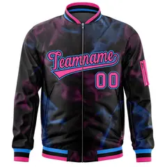 Black Pink-Powder Blue Blur Spray Full-Zip Letterman Bomber Jacket 3