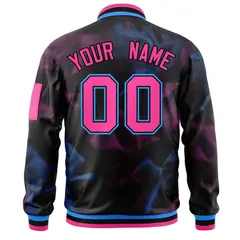 Black Pink-Powder Blue Blur Spray Full-Zip Letterman Bomber Jacket 4