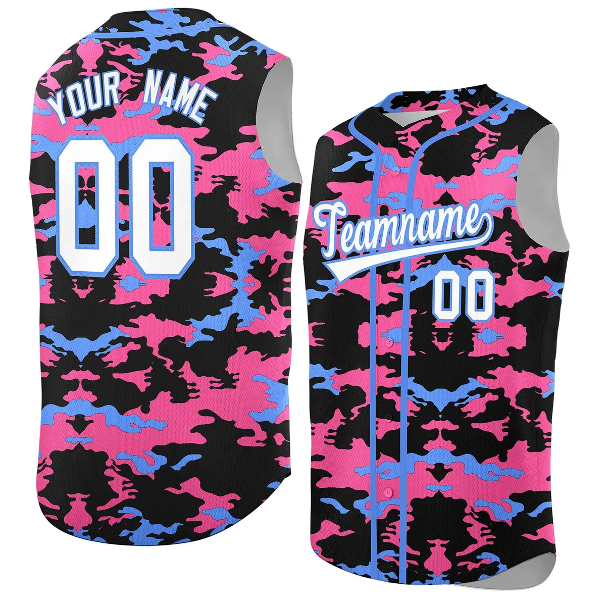 Black Pink Powder Blue Camo Sleeveless Baseball Jersey