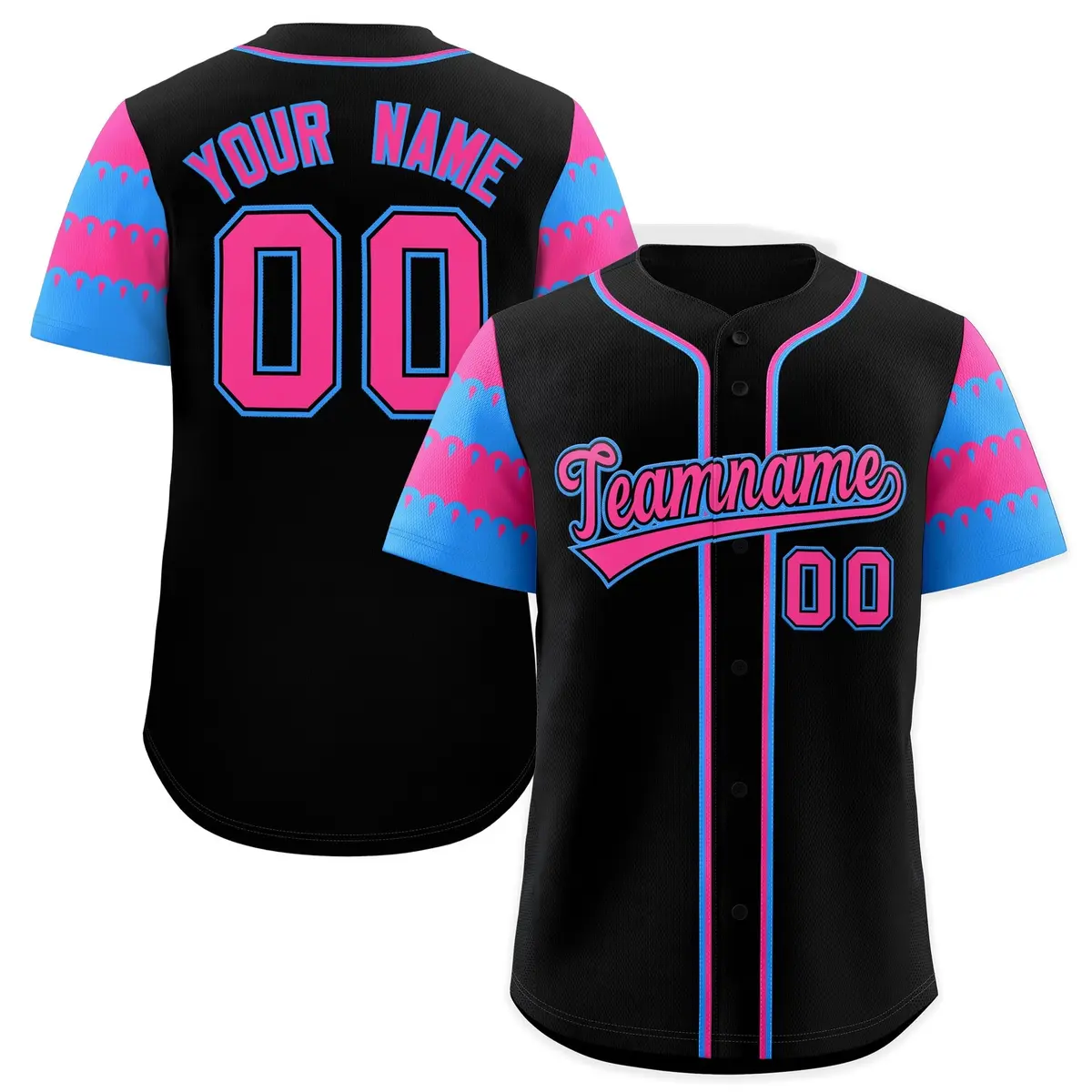 Black Pink Powder Blue Sleeve Flag Lace Baseball Jersey