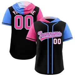 Black Pink Powder Blue Split Raglan Baseball Hoodie Jersey