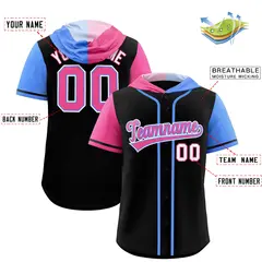 Black Pink Powder Blue Split Raglan Baseball Hoodie Jersey 2