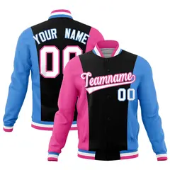 Black Pink Powder Blue Three Color Block Varsity Letterman Jacket 1