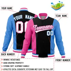 Black Pink Powder Blue Three Color Block Varsity Letterman Jacket 2