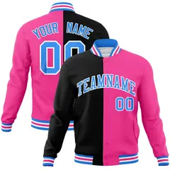 Black Pink-Powder Blue Two Tone Split Varsity Full-Snap Letterman Jacket