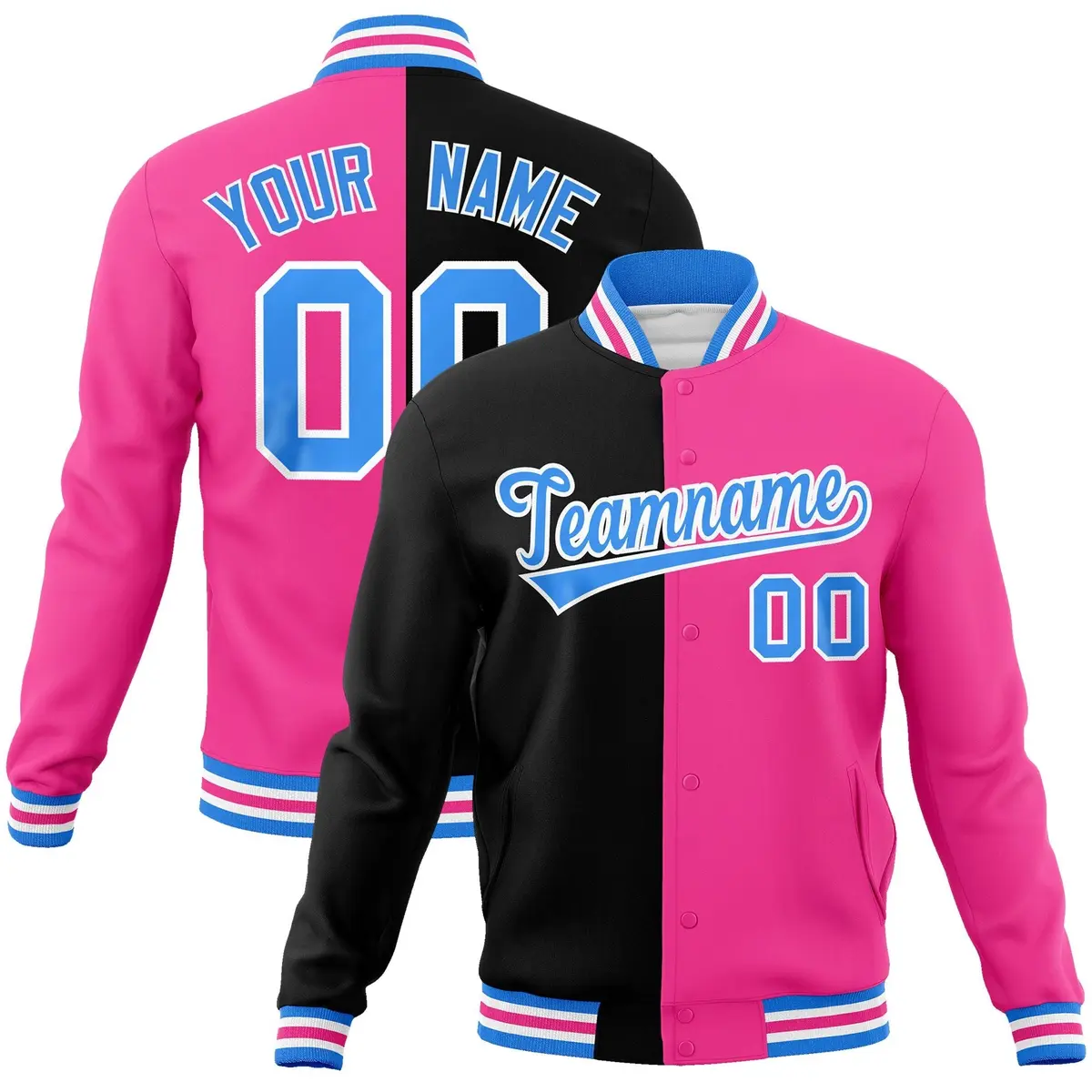 Black Pink-Powder Blue Two Tone Split Varsity Full-Snap Letterman Jacket