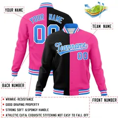 Black Pink-Powder Blue Two Tone Split Varsity Full-Snap Letterman Jacket 4