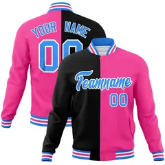 Black Pink-Powder Blue Two Tone Split Varsity Full-Snap Letterman Jacket