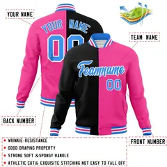 Black Pink-Powder Blue Two Tone Split Varsity Full-Snap Letterman Jacket 4