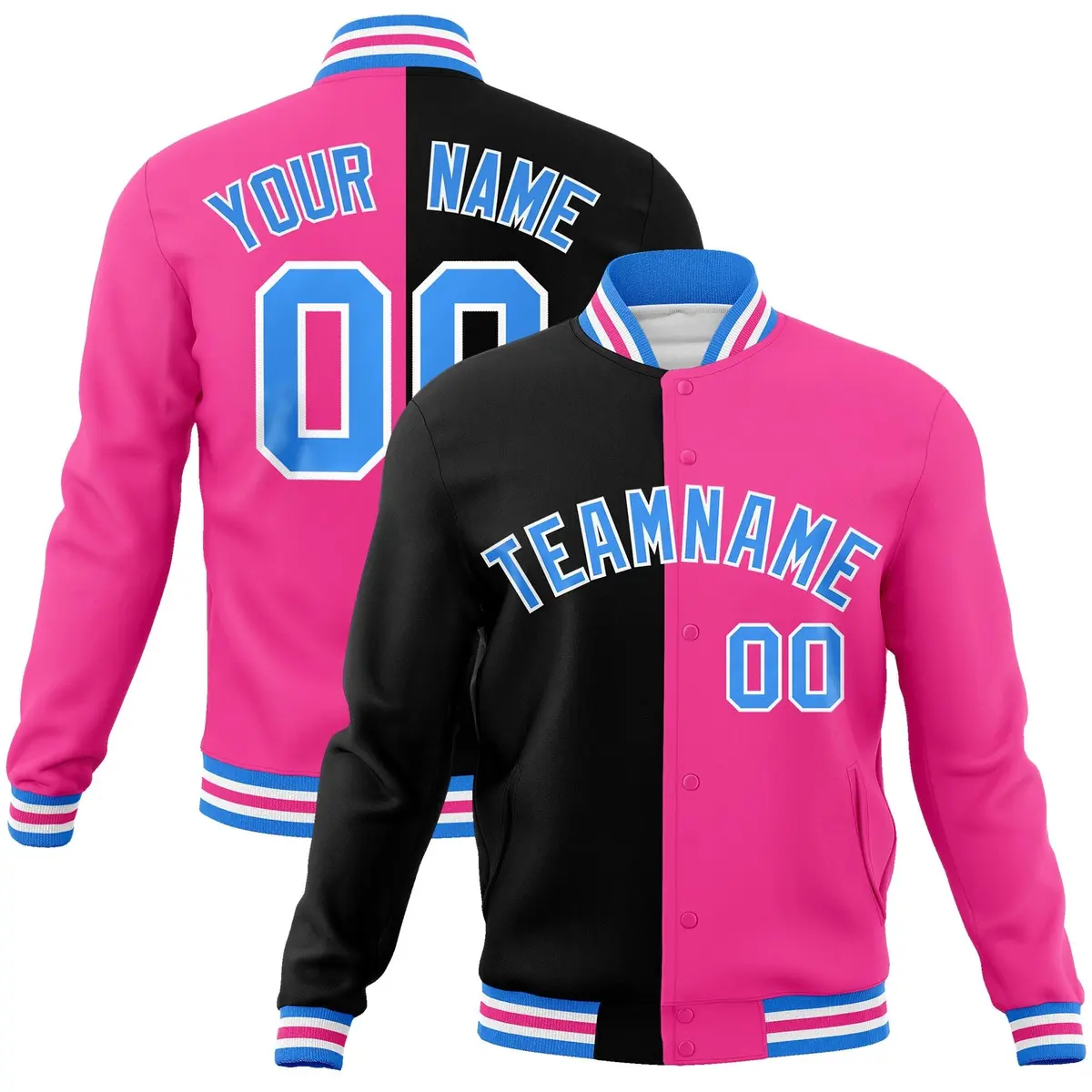 Black Pink-Powder Blue Two Tone Split Varsity Full-Snap Letterman Jacket