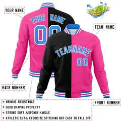 Black Pink-Powder Blue Two Tone Split Varsity Full-Snap Letterman Jacket 4