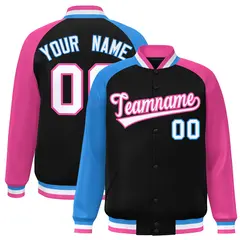 Black Pink-Powder Blue Varsity Raglan Letterman Bomber Jacket 1