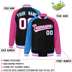 Black Pink-Powder Blue Varsity Raglan Letterman Bomber Jacket 2