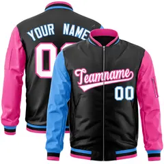 Black Pink-Powder Blue Varsity Raglan Letterman Bomber Jacket