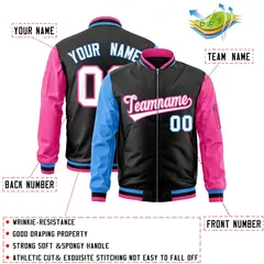Black Pink-Powder Blue Varsity Raglan Letterman Bomber Jacket 2