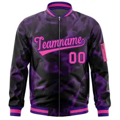Black Pink-Purple Blur Spray Varsity Full-Zip Letterman Bomber Jacket 3