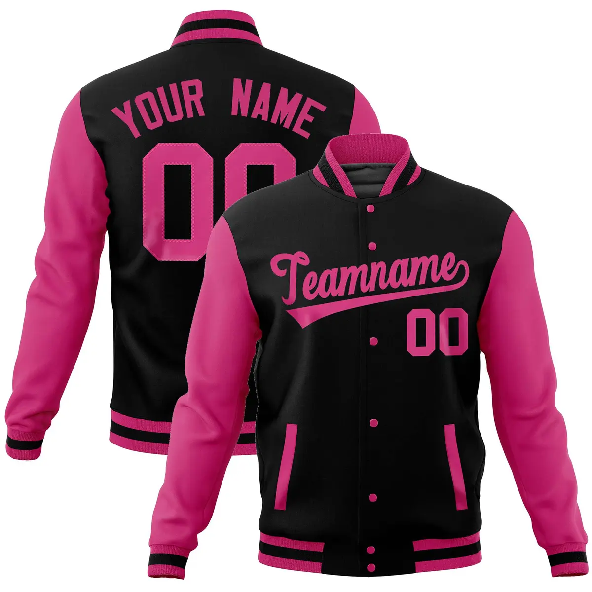 Black Pink Raglan Full-Snap Varsity Letterman Baseball Jacket