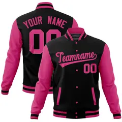 Black Pink Raglan Full-Snap Varsity Letterman Baseball Jacket