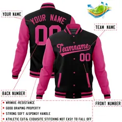 Black Pink Raglan Full-Snap Varsity Letterman Baseball Jacket 4