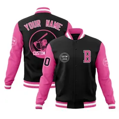 Black Pink Raglan Full-Snap Varsity Letterman Baseball Jacket