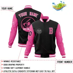 Black Pink Raglan Full-Snap Varsity Letterman Baseball Jacket 4